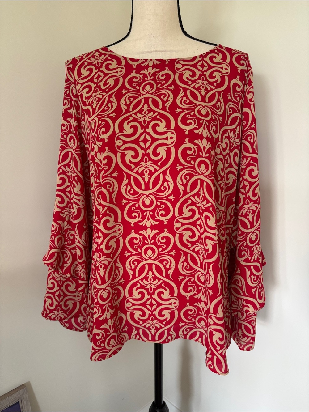 Worthington Women's Red Patterned Long-Sleeve Blouse Size Large